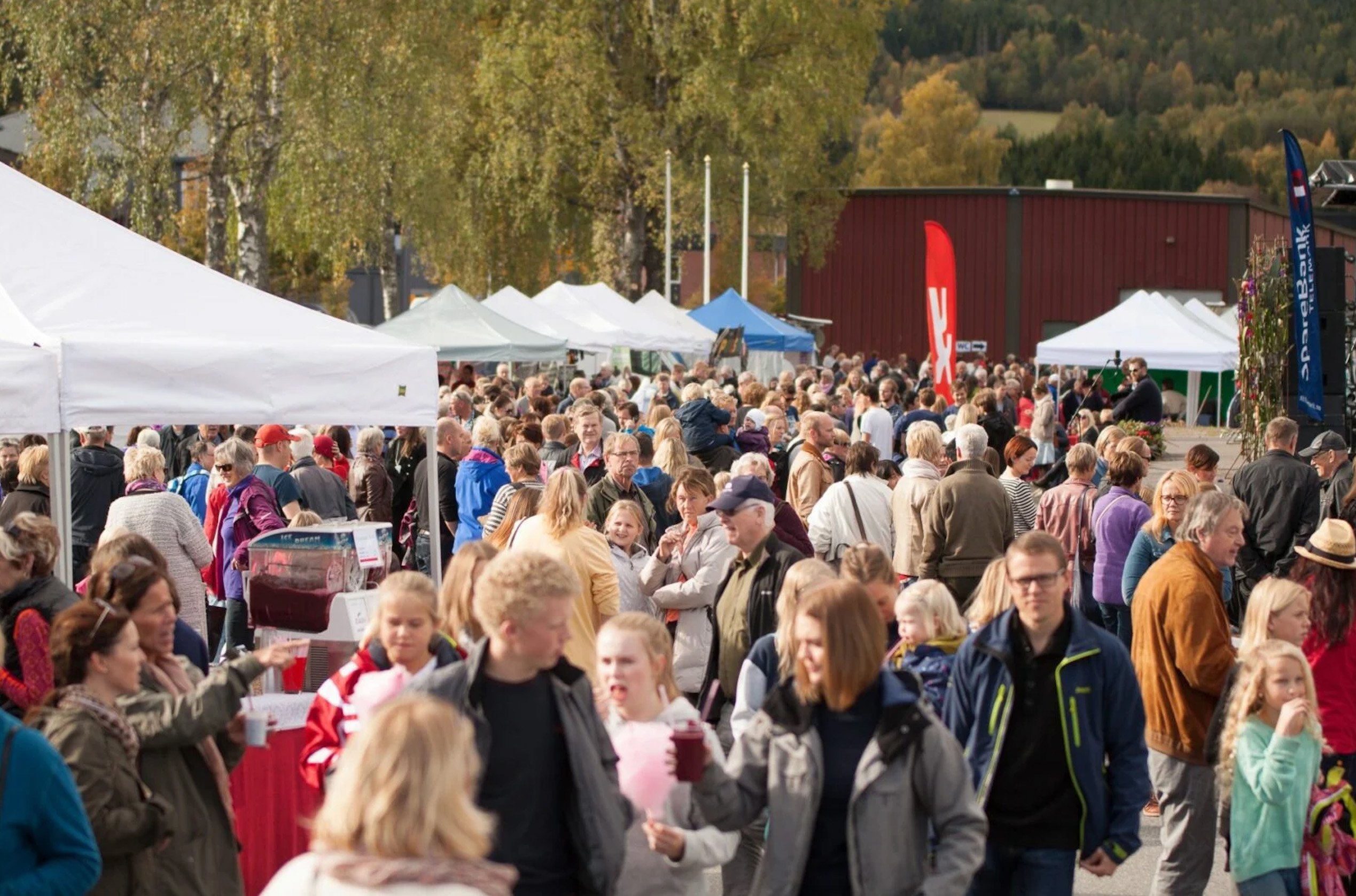 Folkemengde samler seg på et utendørs marked med boder og telt, omgitt av frodig natur.