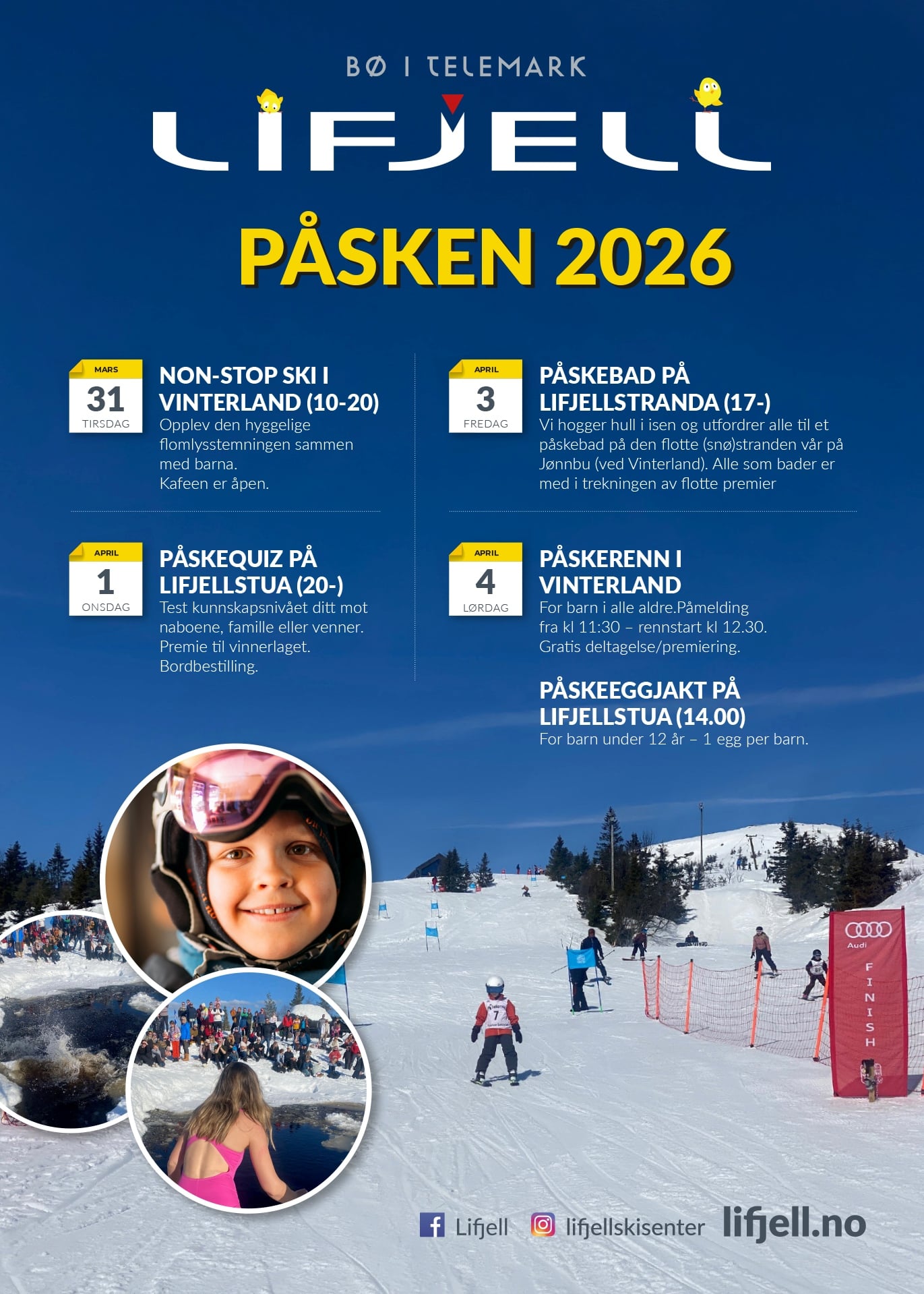 Alt-tekst: Aktiviteter i Lifjell, Telemark, påsken 2026: skikjøring, påskebad og eggjakt for barn.