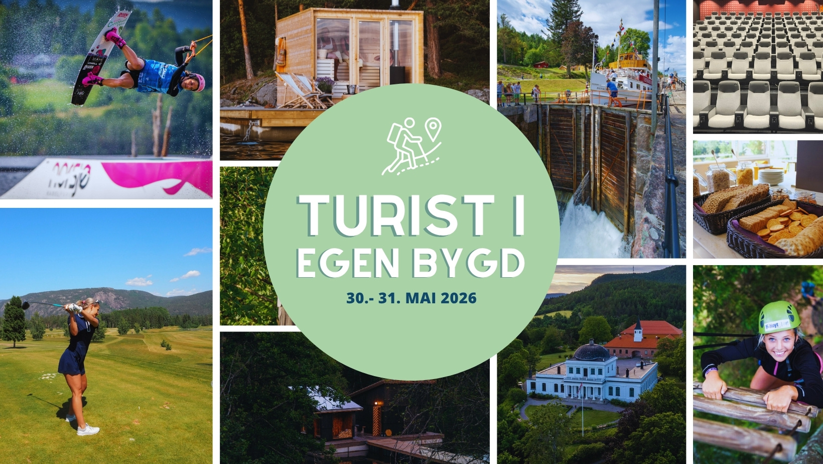 Alt-tekst: Variert opplevelse av natur og aktiviteter under 'Turist i egen bygd' 30.-31. mai 2026.