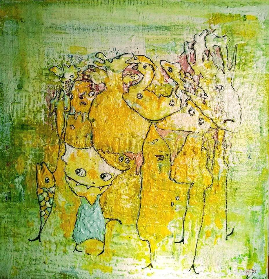 Kunstnerisk maleri med fargerike figurer og et lekent uttrykk i nyanser av grønt og gult.