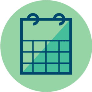 Grønn sirkel med omriss av en standard kalender i mørkeblå