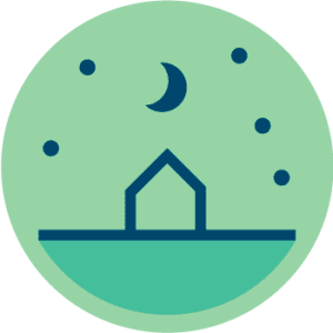 Grønn sirkel med omriss av et lite hus på natten i mørkeblå