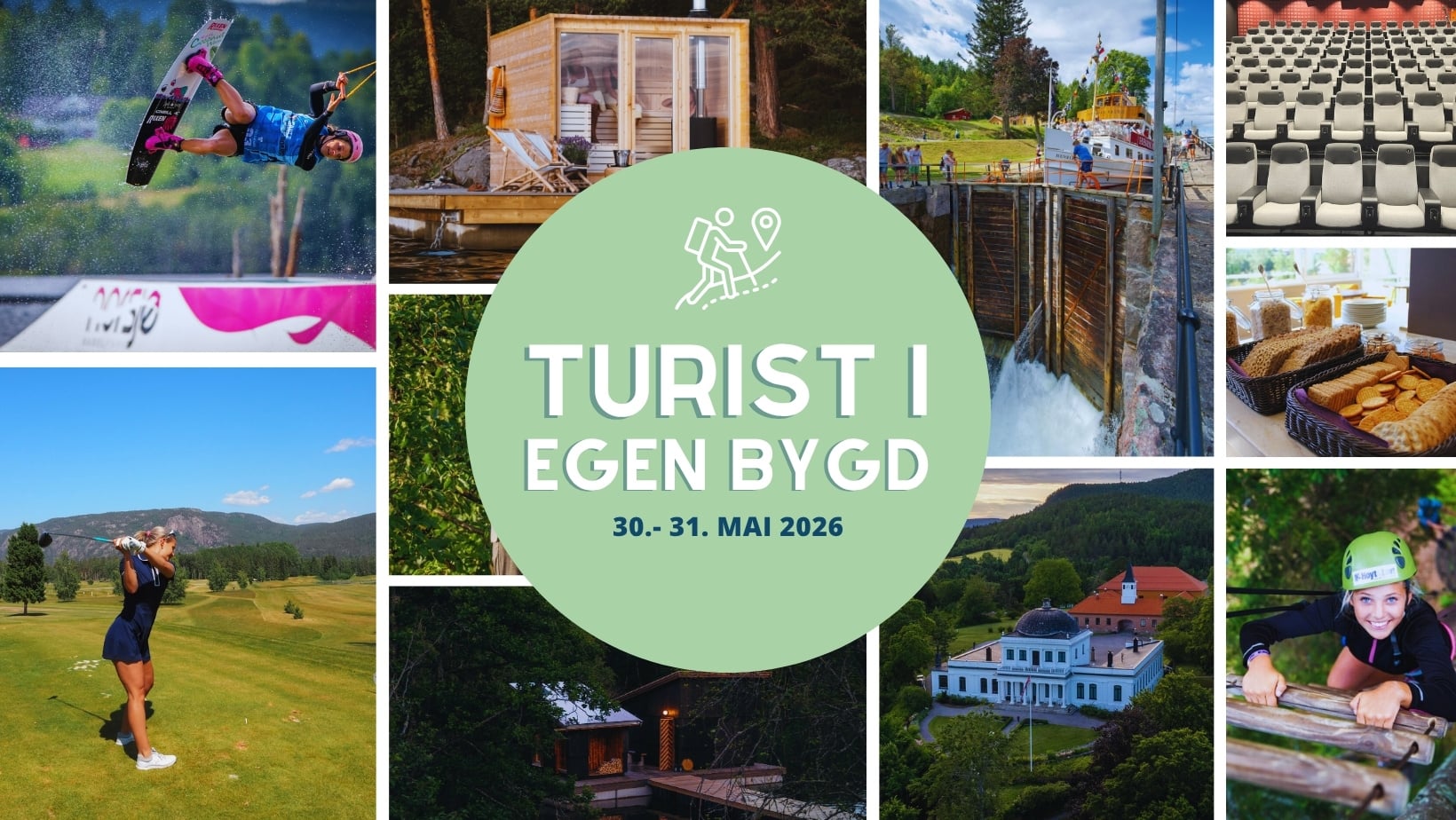 Alt-tekst: Variert opplevelse av natur og aktiviteter under 'Turist i egen bygd' 30.-31. mai 2026.