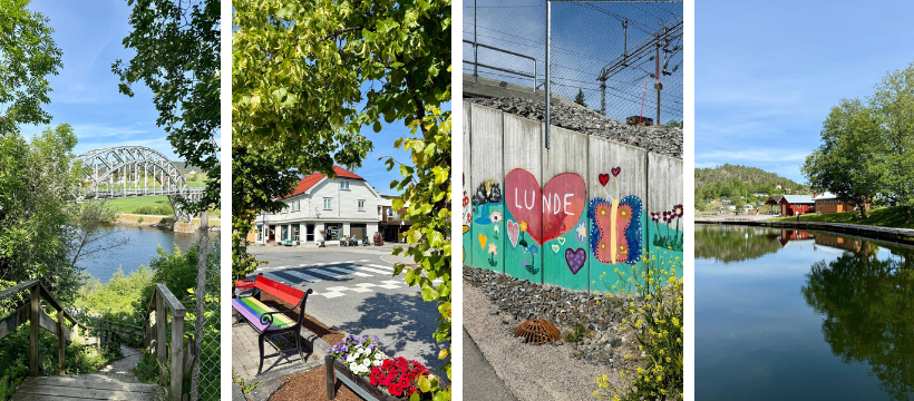 Fire bilder fra Lunde: bro ved elv, koselig gate med blomster, fargerik veggkunst, og stille innsjølandskap.