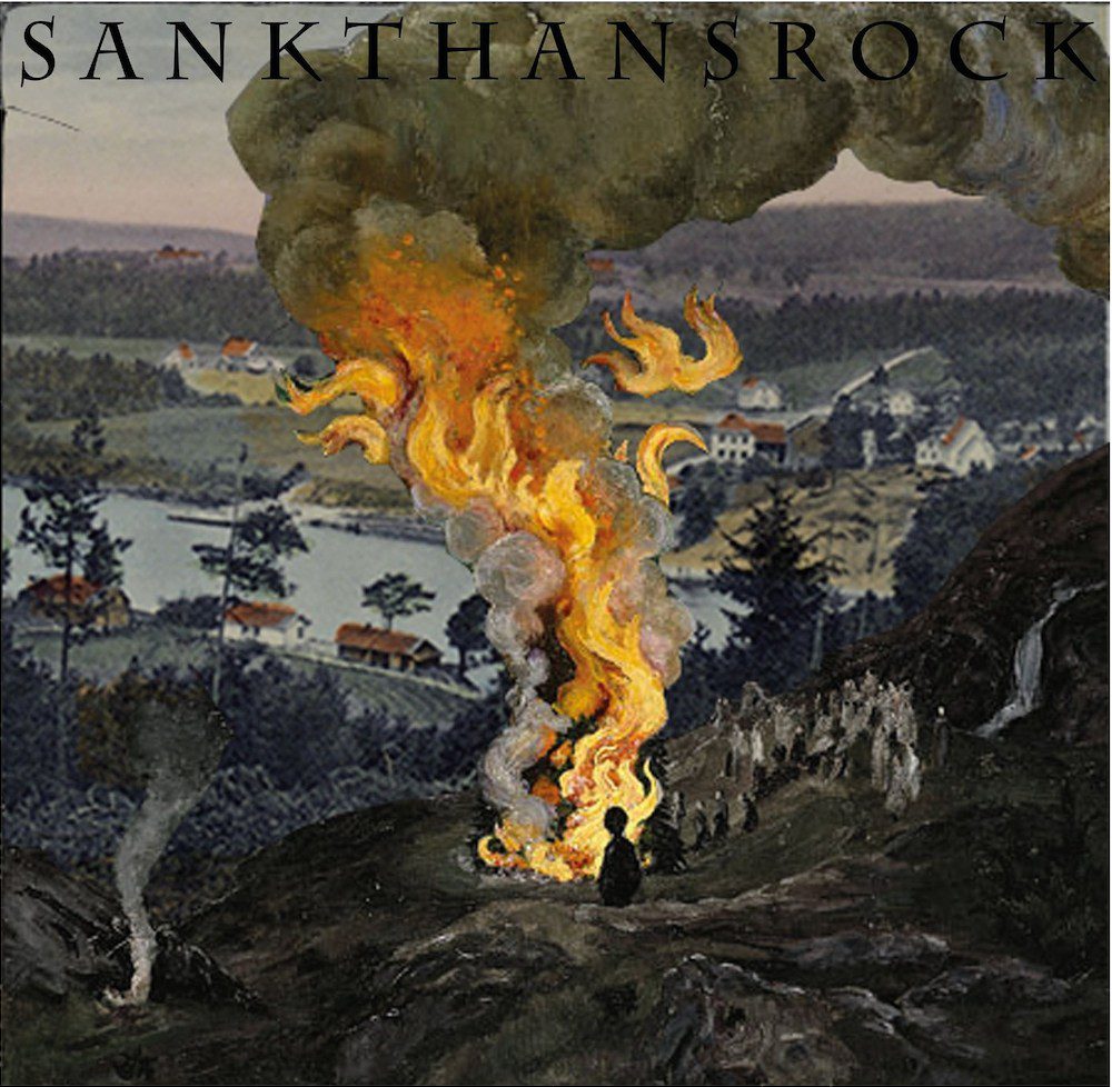 maleri av bål. Tekst Sankthansrock.