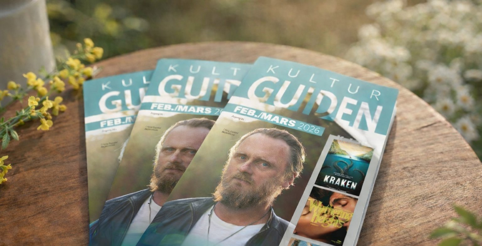 Kulturguide med mann på forsiden, utgaver for februar/mars 2026, på et bord med blomster.