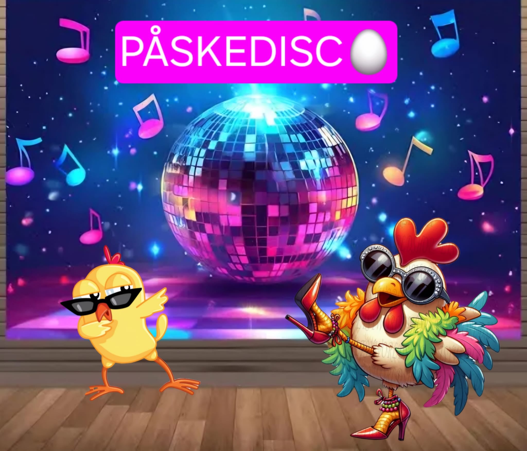Fargerik påskedisc med en kylling og en stilfull høne som danser under en lysende diskokule.