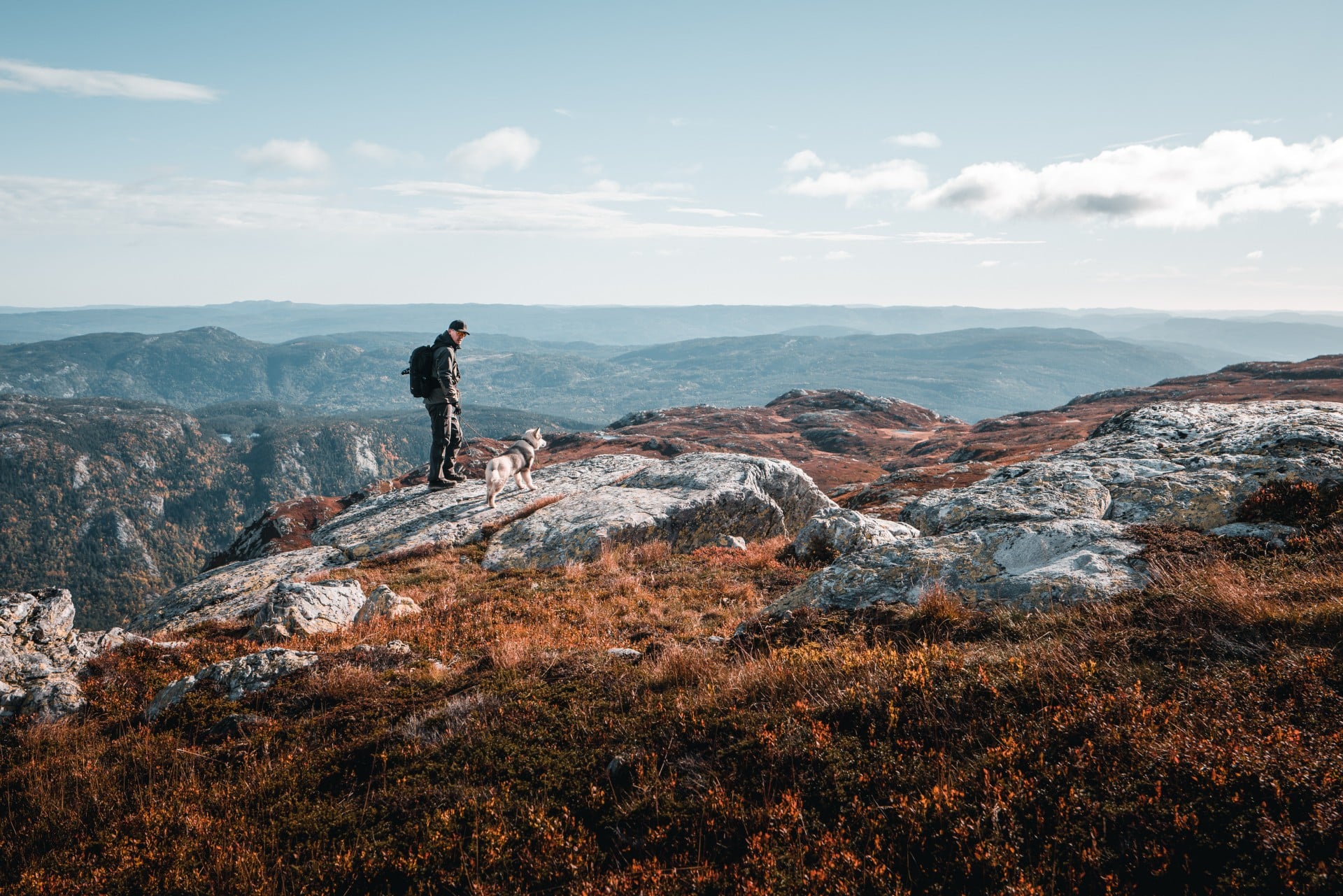 Mann på fjelltur med hund i naturskjønt landskap, høstfarger dominerer utsikten over fjellene.