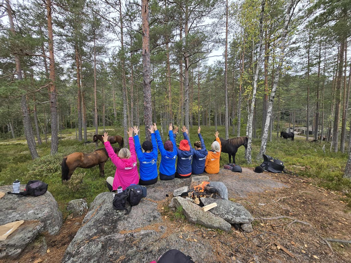 Gruppe mennesker sitter på steinene i skogen, med hendene hevet, omgitt av hester nær et bål.