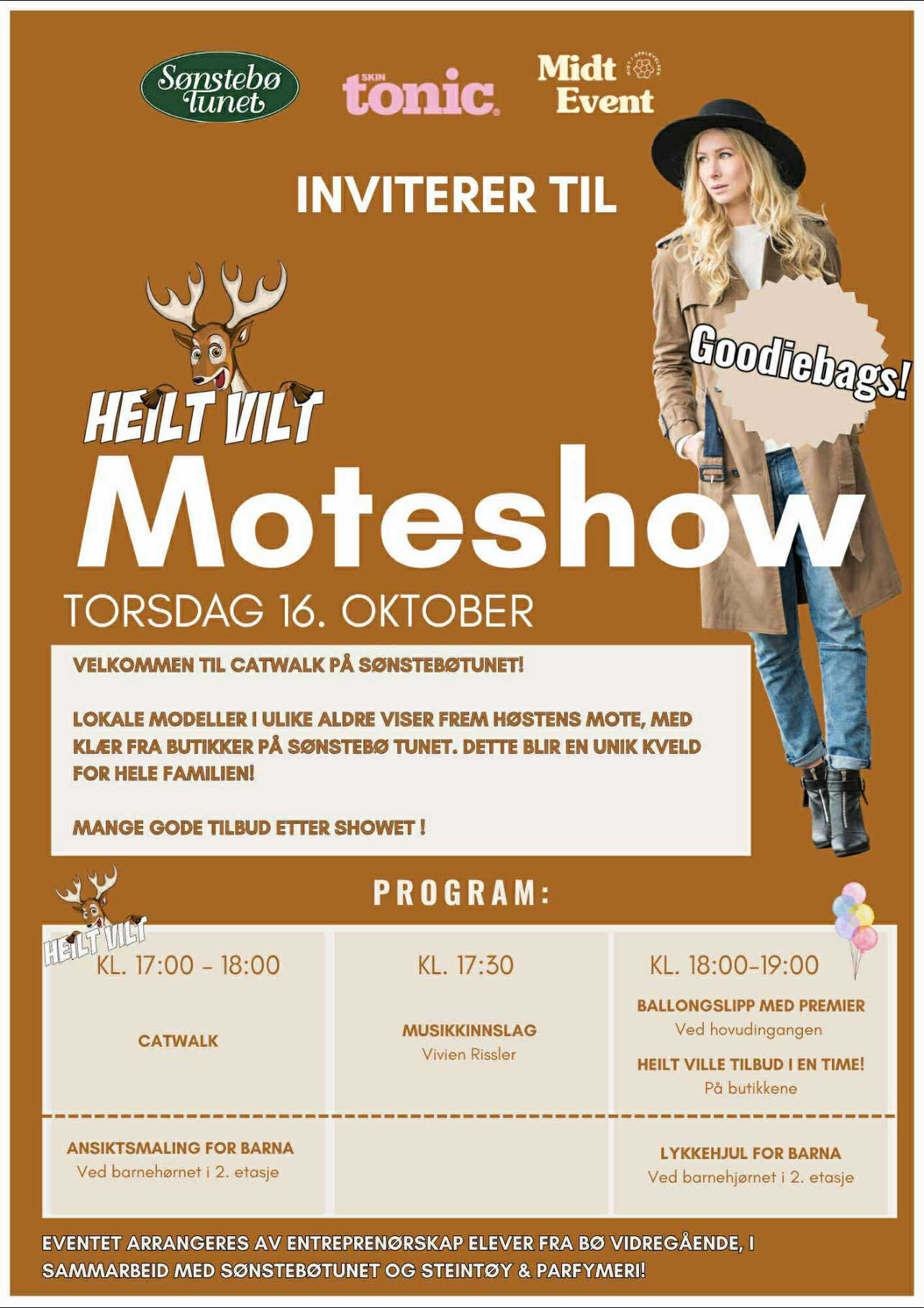 Invitasjon til moteshow på Sønstebøtunet 16. oktober med lokale modeller. Goodiebags og tilbud etter showet.