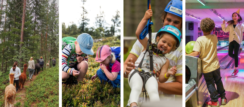 Fire bilder av uteaktiviteter: alpakka-vandring, blåbærplukking, klatring, og barn som bowler innendørs.