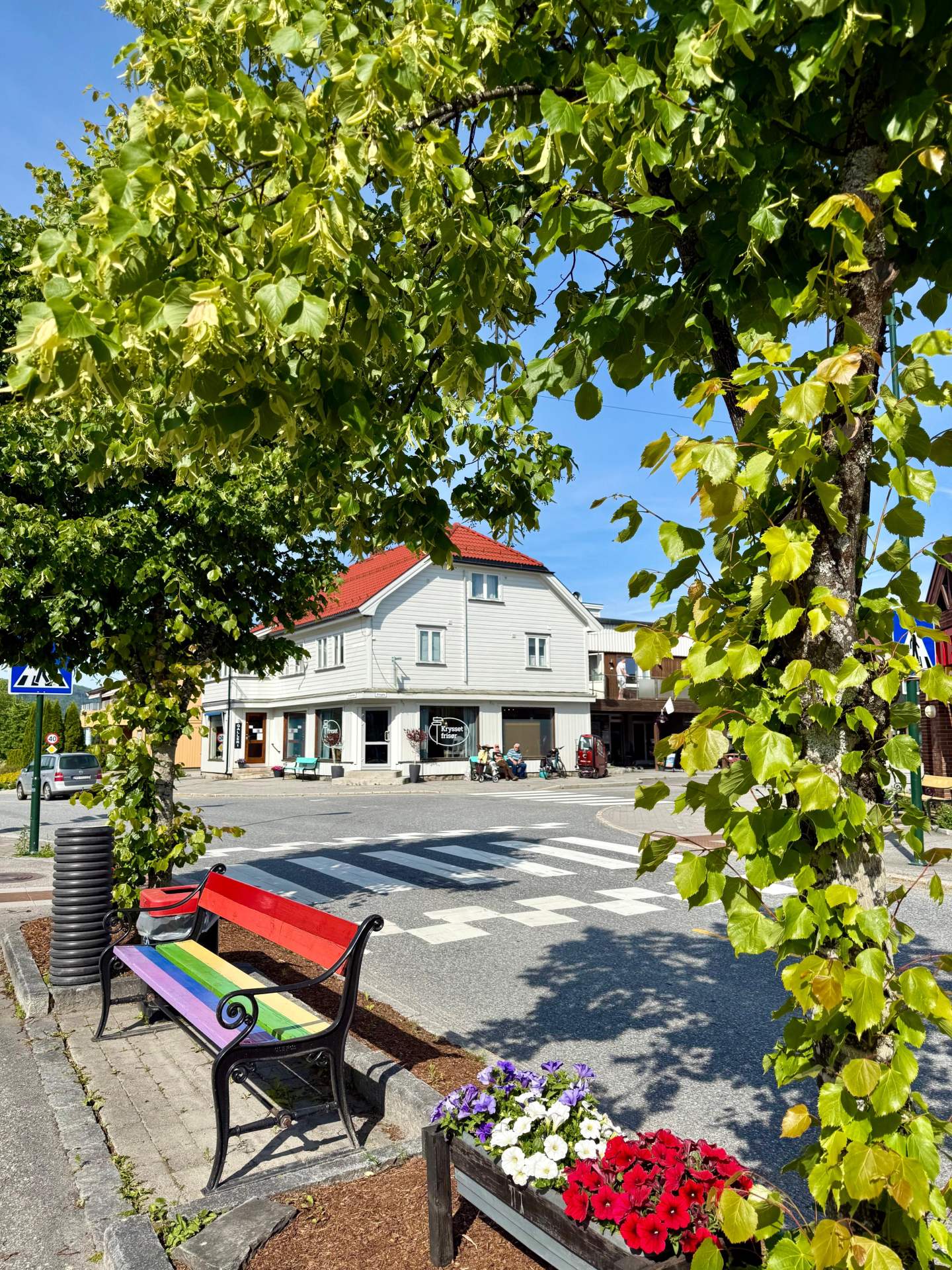 Fargerik benk ved fotgjengerfelt med blomster og trær, landsbygate i solfylt vær.