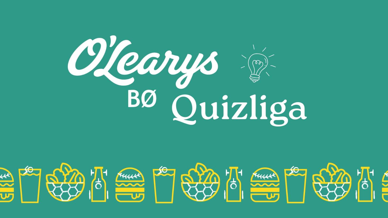 O'Learys Bø Quizliga-plakat med drinker, mat og idé-lampeillustrasjoner på grønn bakgrunn.