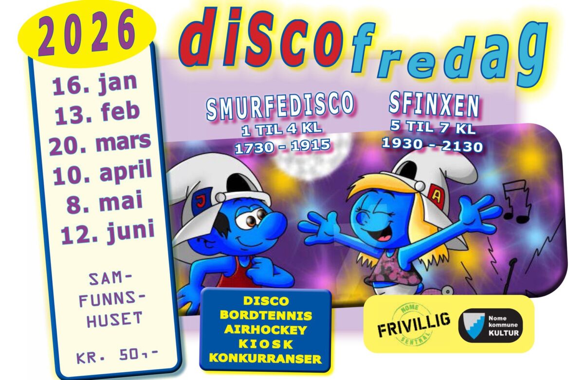 Plakat for Discofredag 2026: Smurfedisco og Sfinxen arrangementer med datoer og aktiviteter som bordtennis og airhockey.
