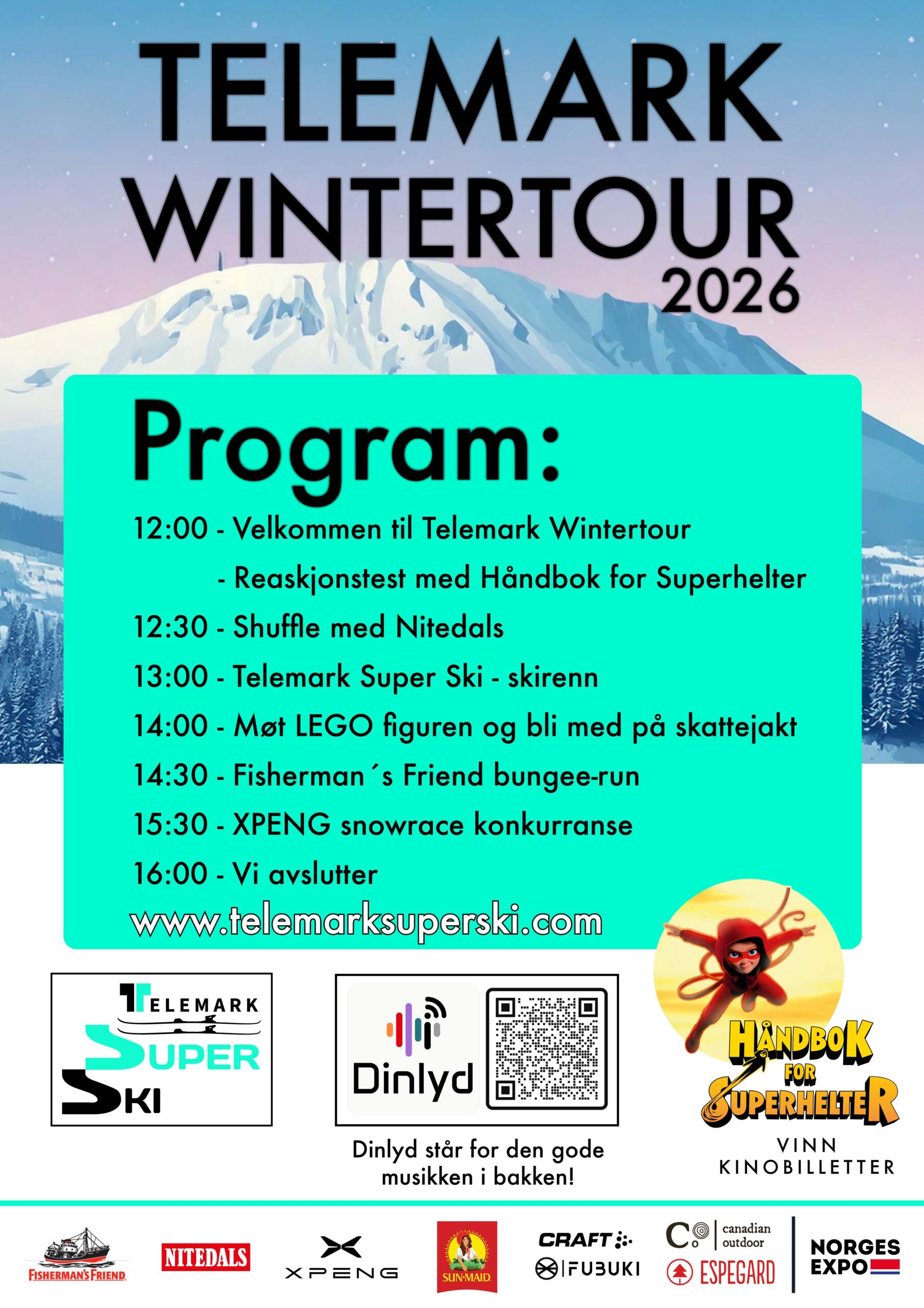 Telemark Wintertour 2026 plakat med program: ski, LEGO, bungee-run. www.telemarksuperski.com for mer info.