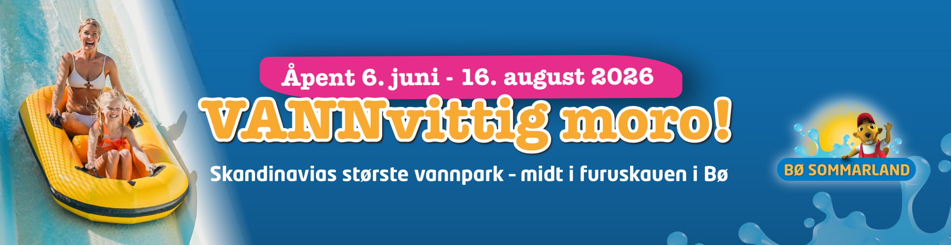 Mor og barn på vannrutsjebane, nyter morsomhet i Skandinavias største vannpark. Åpen fra 6. juni til 16. august 2026.