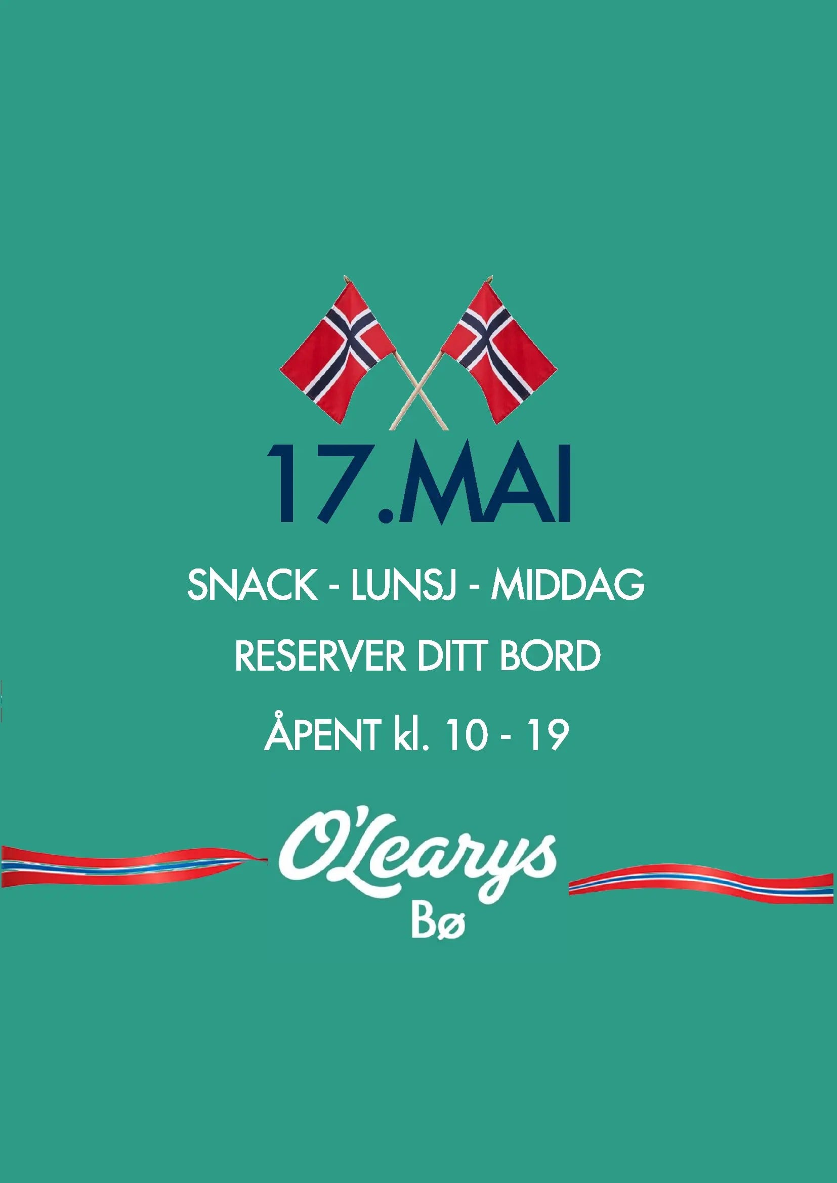 Alt-tekst: Feir 17. mai hos O'Learys Bø med lunsj og middag. Reserver bord, åpent fra 10 til 19.