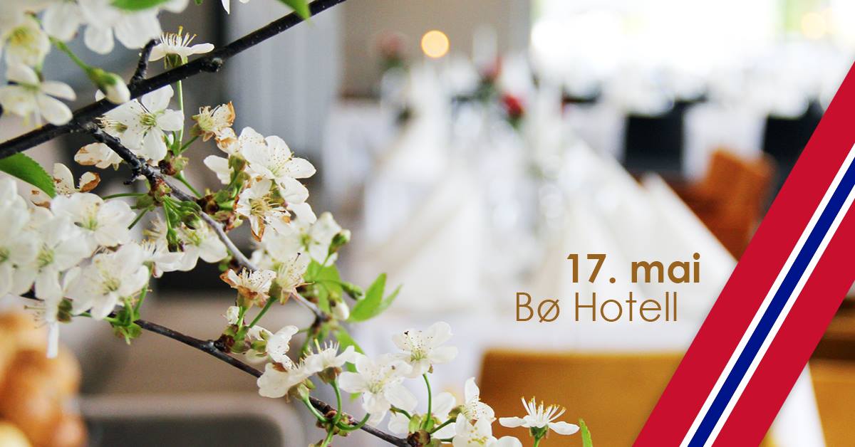 Blomstrende kvister og feiring av 17. mai på Bø Hotell, med elegante deko og festlig atmosfære.