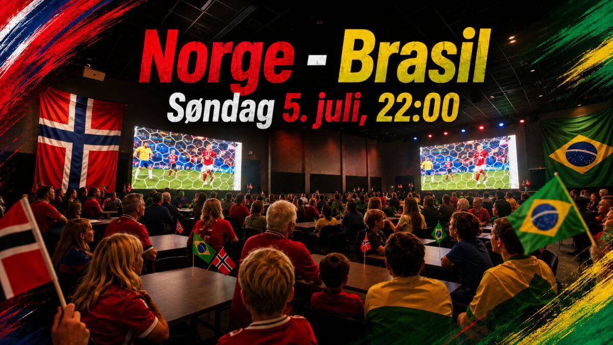 Sammenkomster for Norge - Brasil kamp 5. juli, med entusiastiske fans og stor spilling på storskjerm.