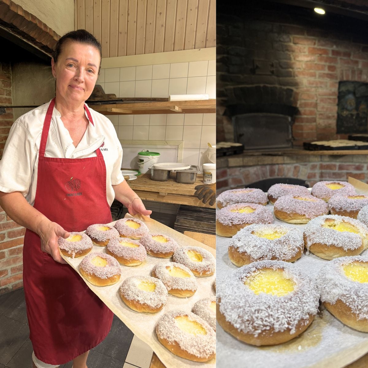 Baker med runde, pyntede boller i hånden, klare til servering i et koselig bakeri.