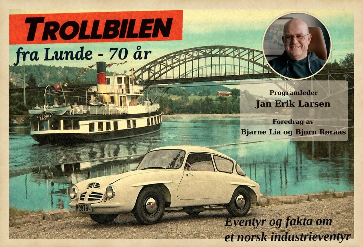 Trollbilen fra Lunde feirer 70 år, med bilde av bilen og dampskipet Victoria i bakgrunnen.