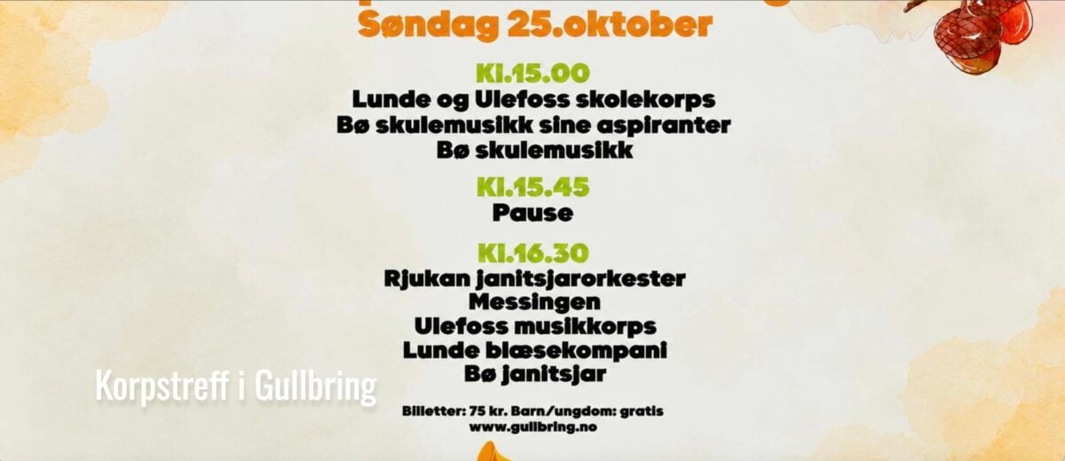 Alt-tekst: Program for Korps treff i Gullbring, 25. oktober, inkludert musikalske opptredener og pauser.