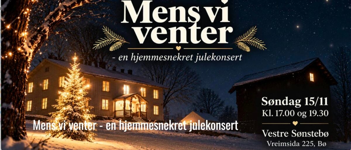 Alt-tekst: Plakat for julekonsert 'Mens vi venter' med festlig lys, snø og arrangementdetaljer.