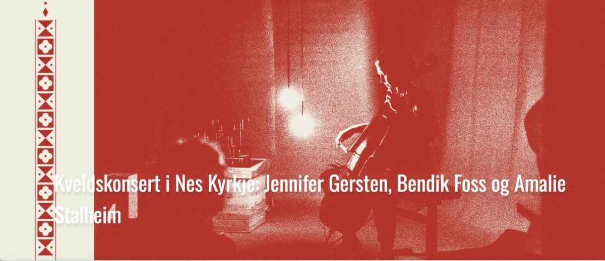Kveldskonsert i Nes Kyrkje med Jennifer Gersten, Bendik Foss og Amalie Stalheim, med fokus på musikalsk prestasjon.